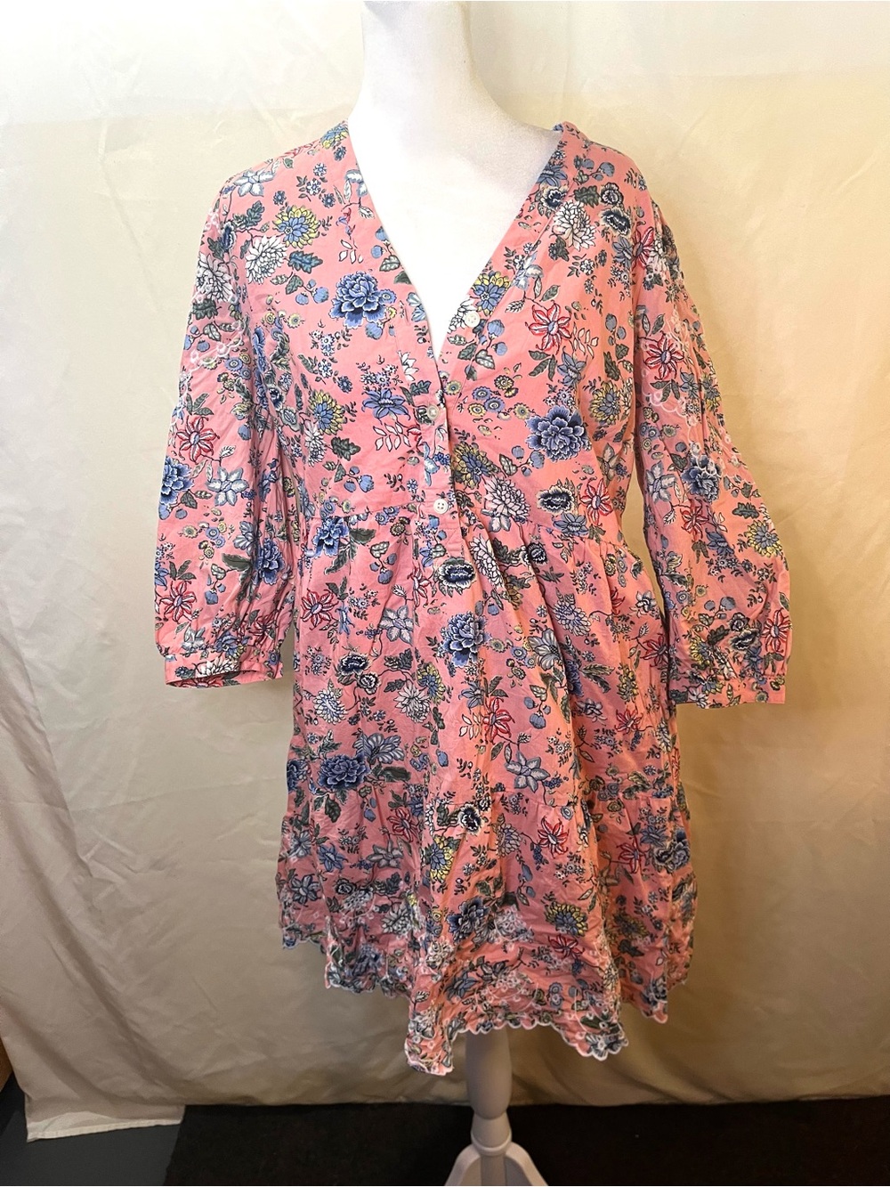 LOFT Womens Size 4 Pink Floral Cotton Dress Embroidered Scallop Hem Boho
